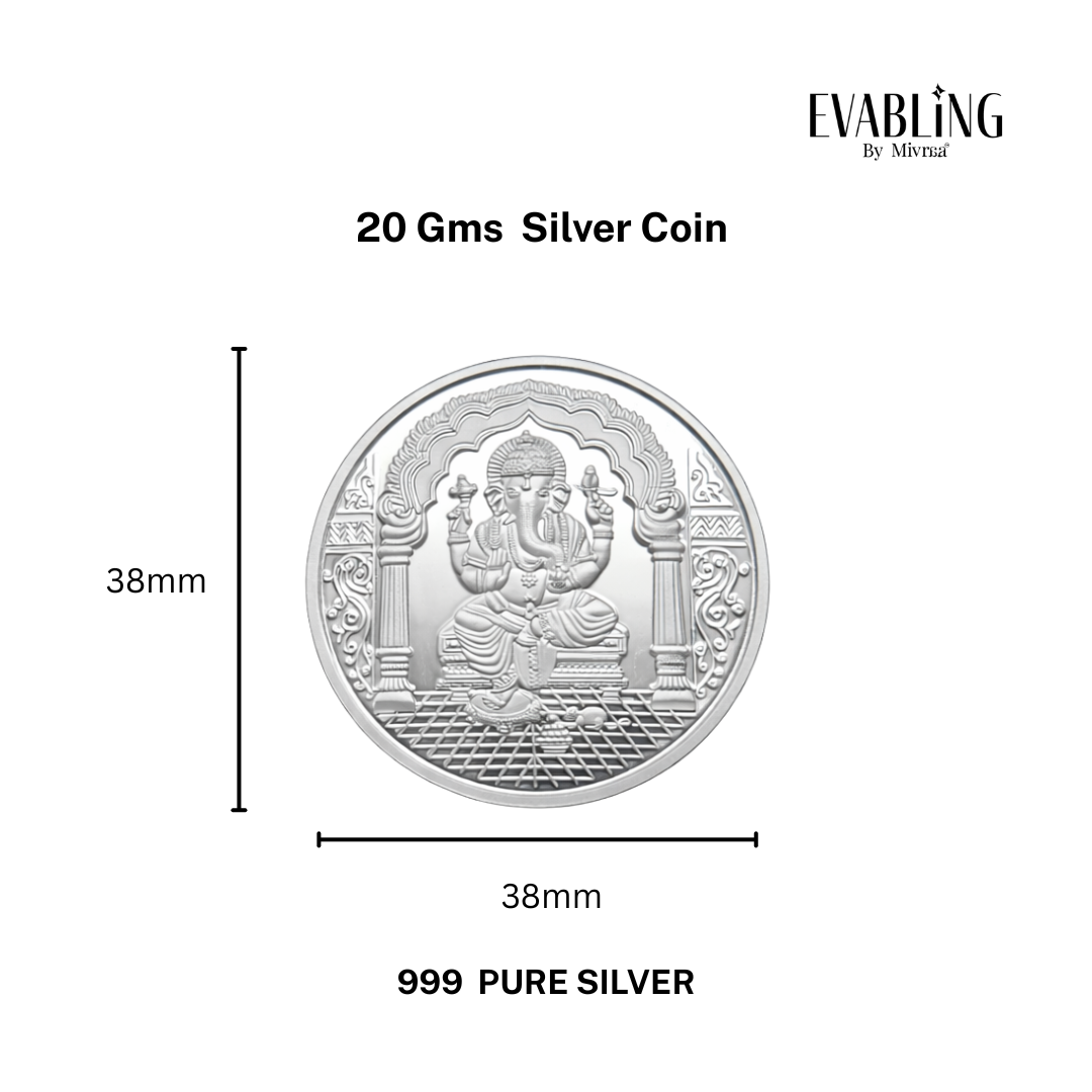 20gm Ganesha pure silver coin with diameter size measurement reference