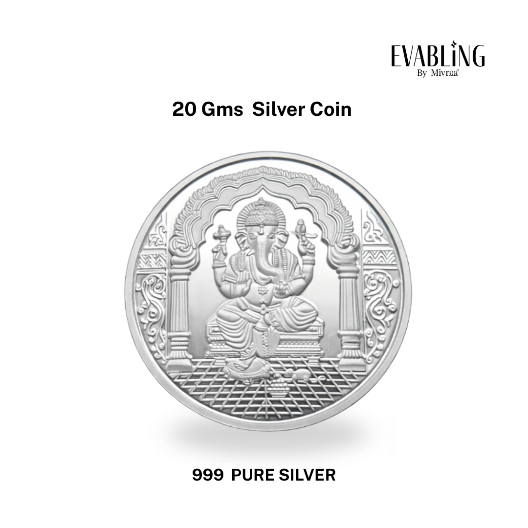 20gm Ganesha 999 pure silver coin front view with detailed idol design