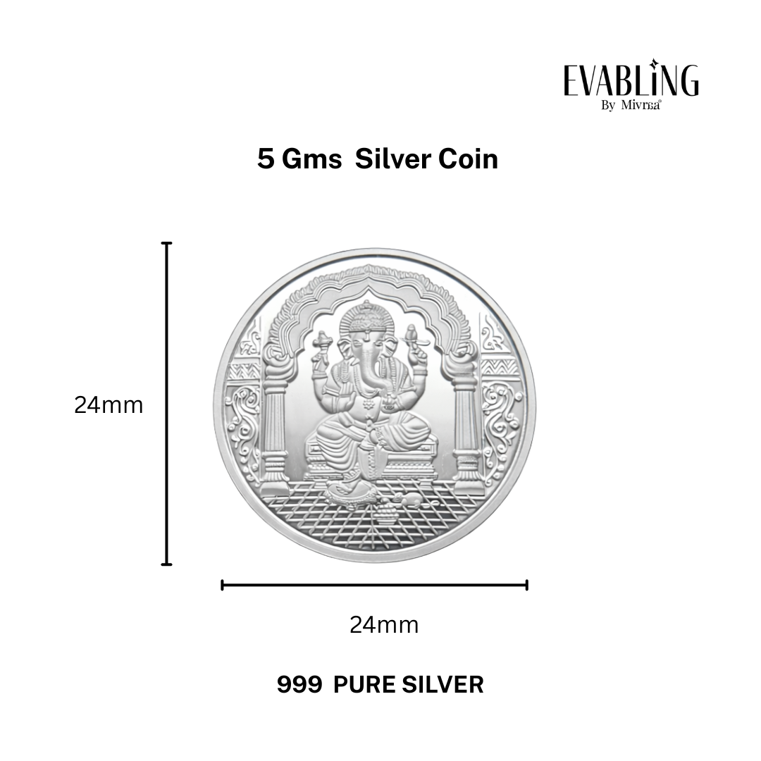5gm Ganesha pure silver coin with diameter size measurement reference