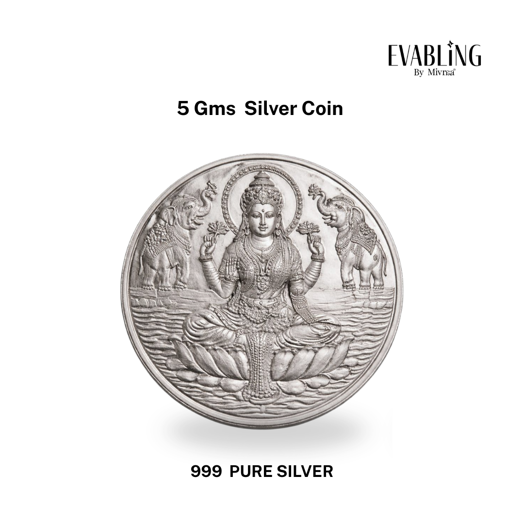 5gm Lakshmi 999 pure silver coin front view with detailed goddess design