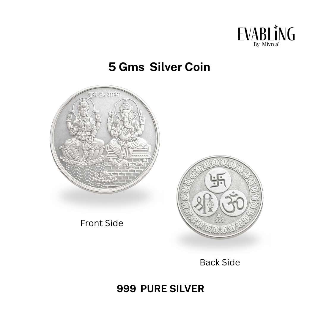 5gm Lakshmi Ganesh silver coin showing front and back with Om Shree Swastik symbols