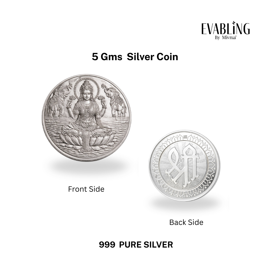 5gm Lakshmi silver coin showing front and back with Sri symbol in 999 pure silver