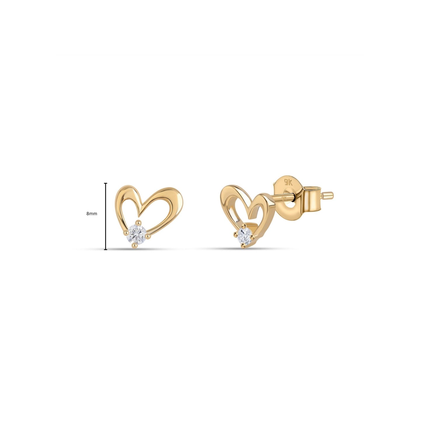 Ami small diamond earrings measurement guide with dimensions in 9kt gold jewellery