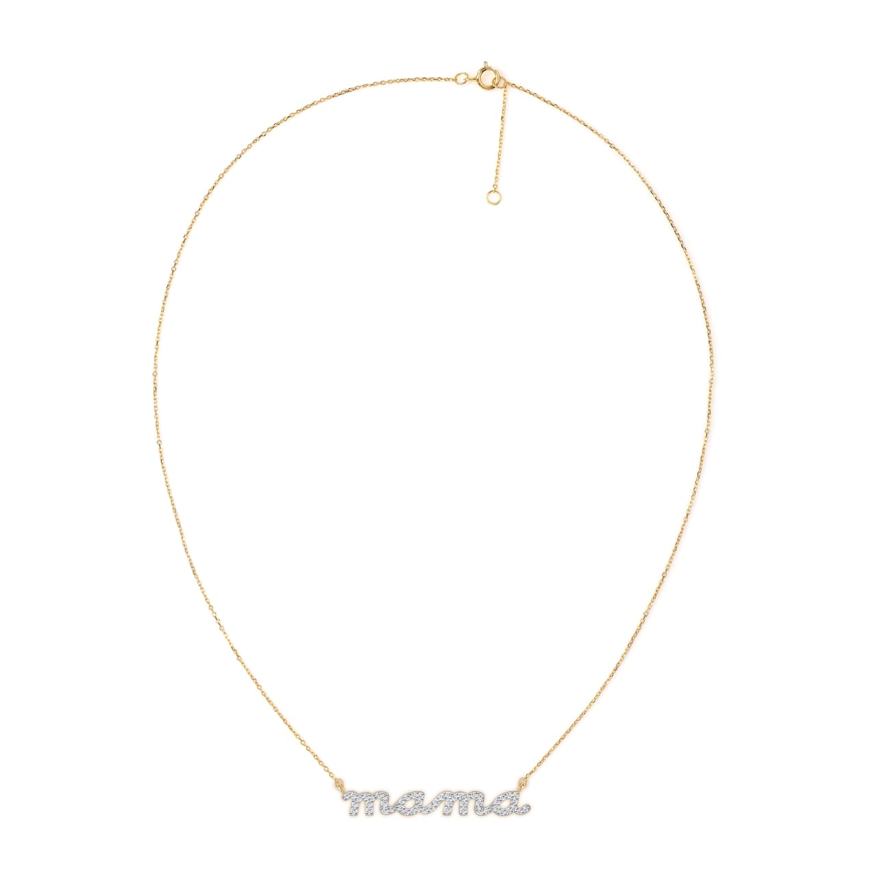 Close up of mama lab grown diamond necklace in 9KT gold minimalist diamond necklace design